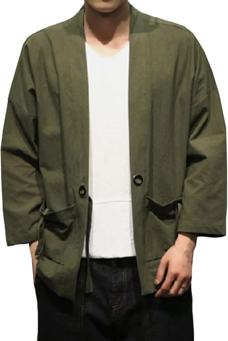 HZCX FASHION Men's Cotton Blends Linen Open Front Cardigan Kimono Jackets