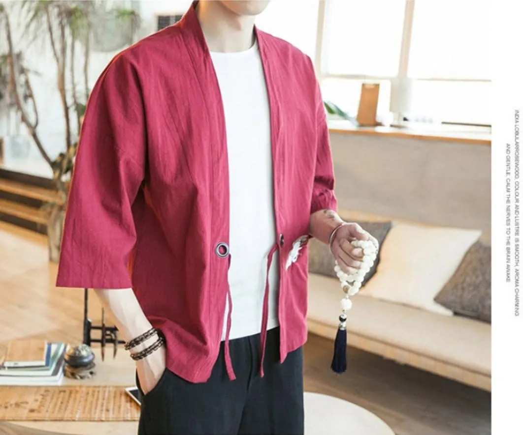 HZCX FASHION Men's Cotton Blends Linen Open Front Cardigan Kimono Jackets