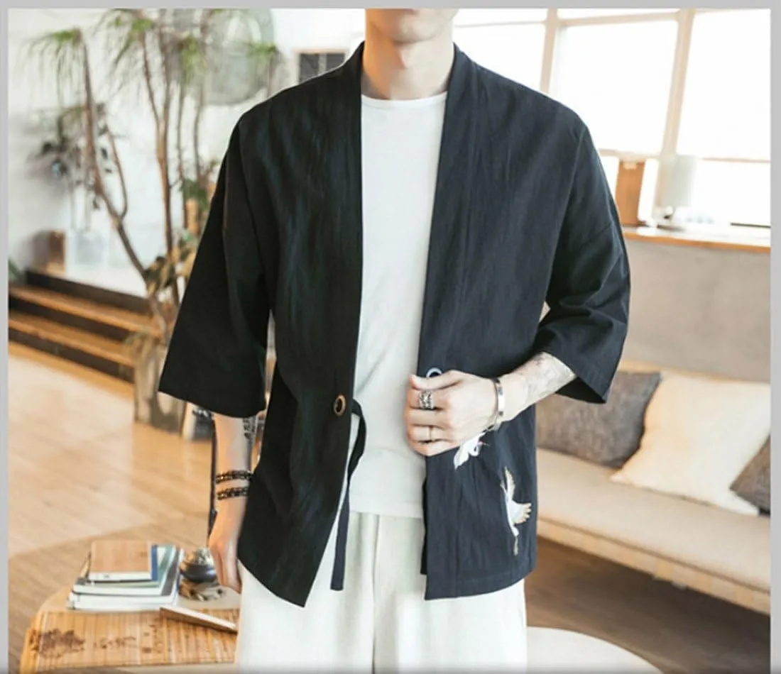 HZCX FASHION Men's Cotton Blends Linen Open Front Cardigan Kimono Jackets
