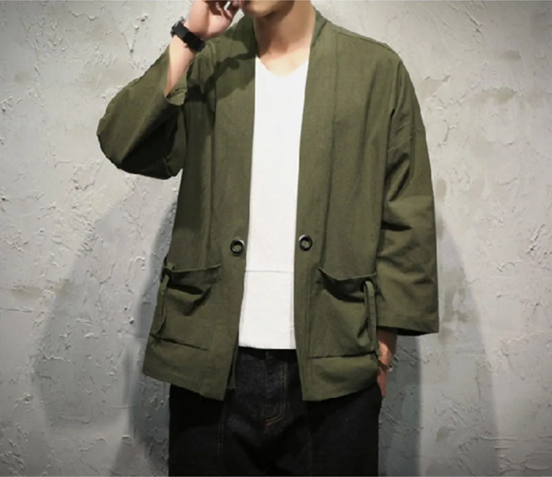 HZCX FASHION Men's Cotton Blends Linen Open Front Cardigan Kimono Jackets