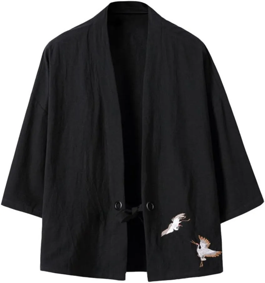 HZCX FASHION Men's Cotton Blends Linen Open Front Cardigan Kimono Jackets