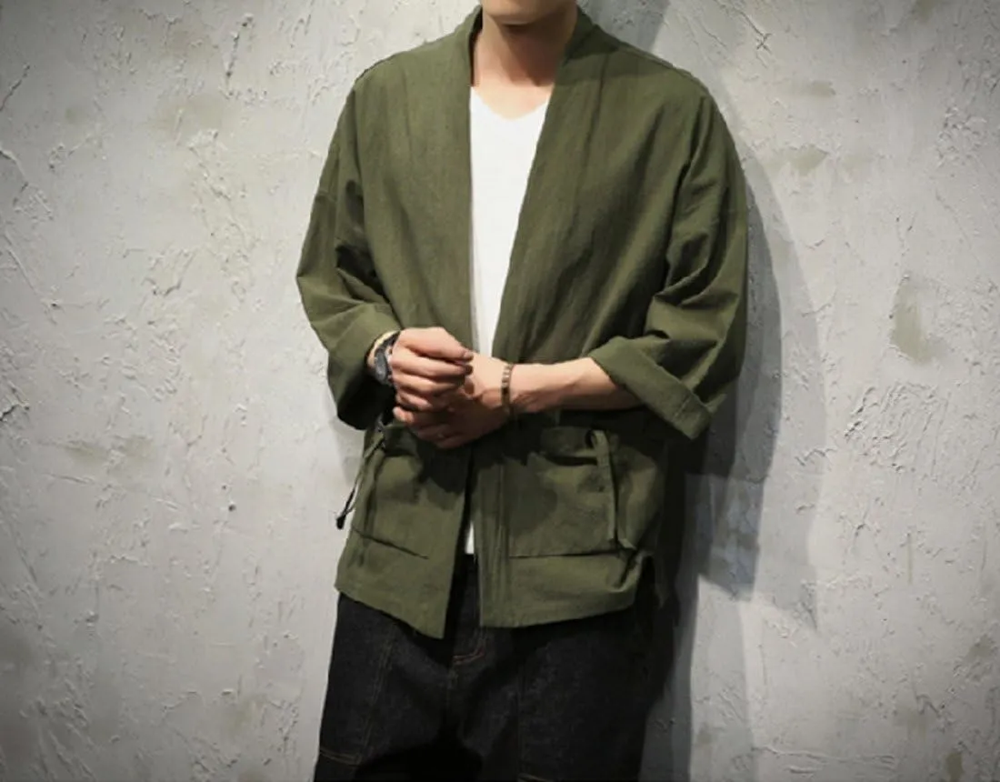 HZCX FASHION Men's Cotton Blends Linen Open Front Cardigan Kimono Jackets