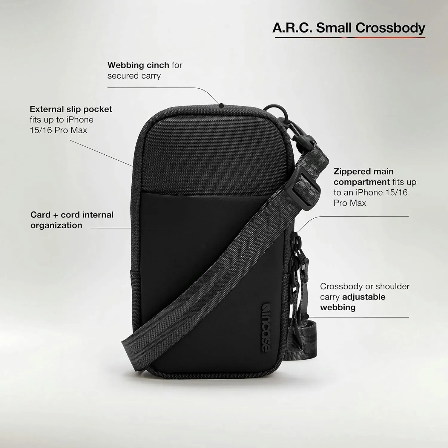 Incase A.R.C. Small Crossbody Bag, Recycled Polyester, Fits iPhone Pro Max, External Pocket, Adjustable Strap, Travel Sling
