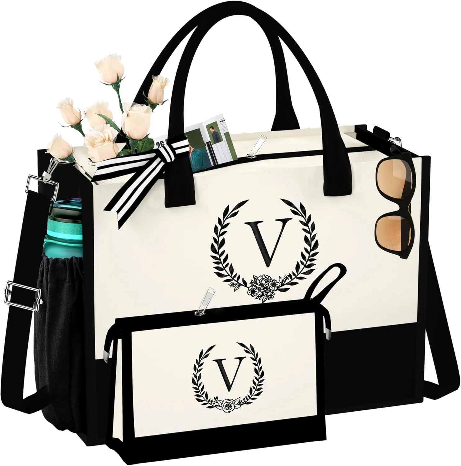 Initial Canvas Tote Bag Makeup Bag, Beach Bag with Zipper, Personalized Mothers Day Gifts for Mom Grandma