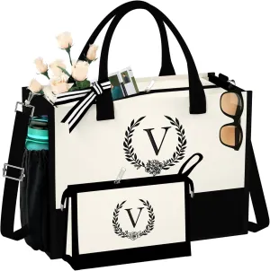 Initial Canvas Tote Bag Makeup Bag, Beach Bag with Zipper, Personalized Mothers Day Gifts for Mom Grandma