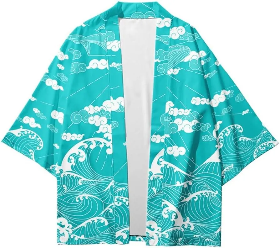 Japanese Kimono Cardigan Jackets for Men Women Flying Crane Seven Sleeves Yukata Robe Casual Open Front Outwear Coat