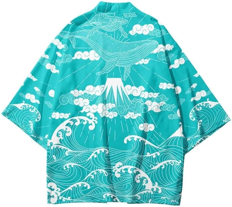 Japanese Kimono Cardigan Jackets for Men Women Flying Crane Seven Sleeves Yukata Robe Casual Open Front Outwear Coat