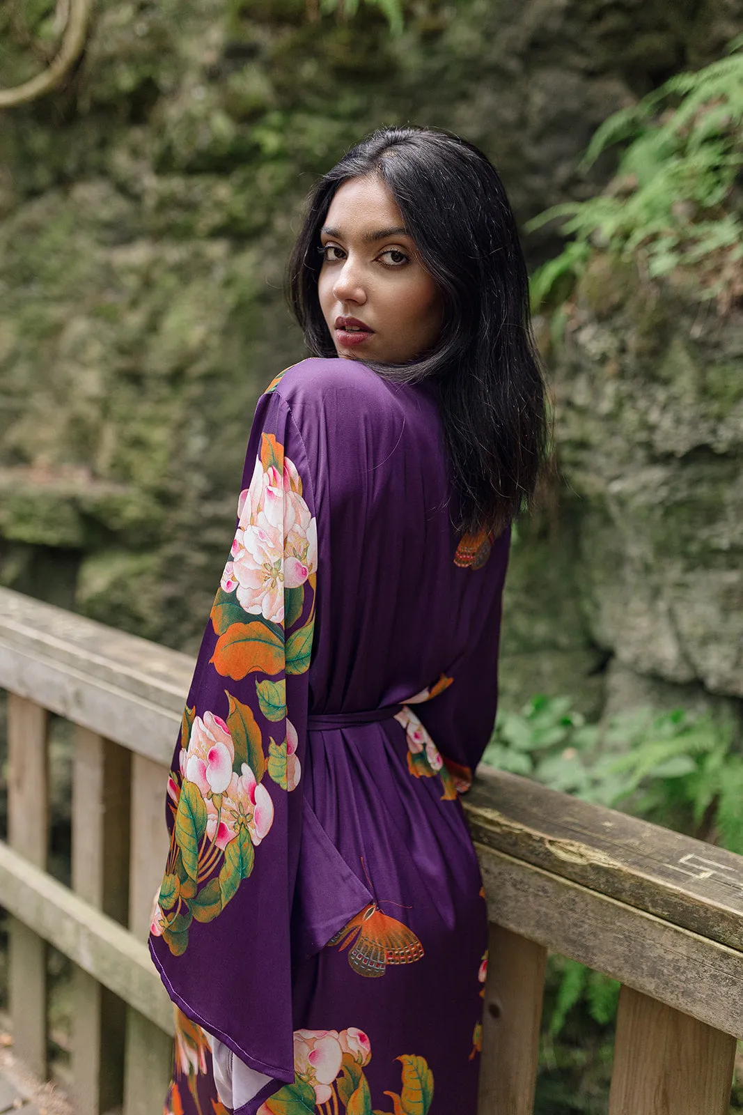 Jasmine Long Robe with Kimono Sleeves in Purple