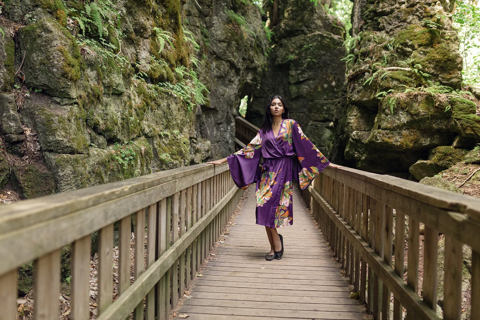 Jasmine Long Robe with Kimono Sleeves in Purple