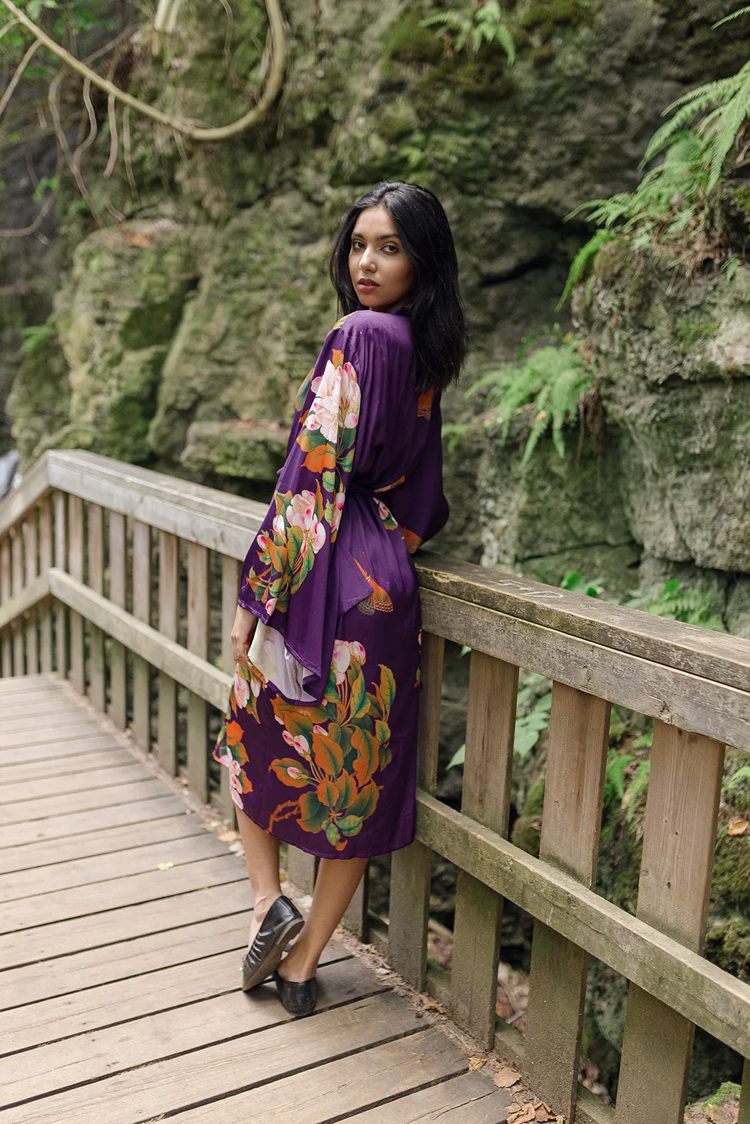 Jasmine Long Robe with Kimono Sleeves in Purple