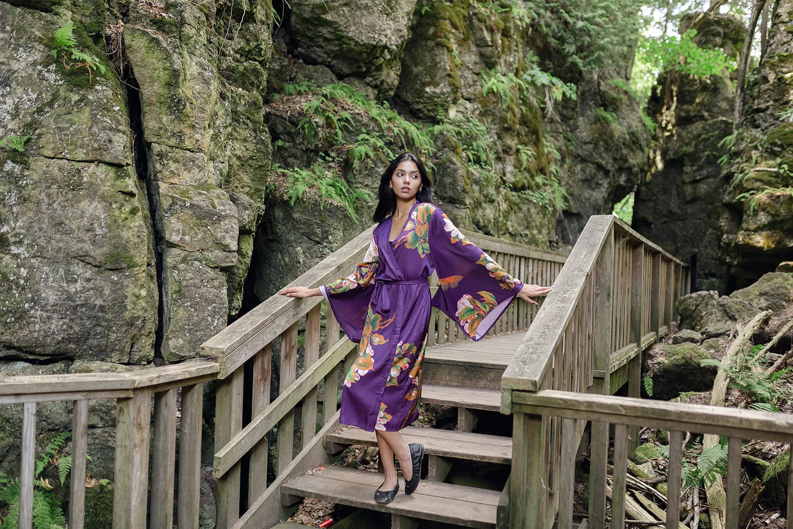 Jasmine Long Robe with Kimono Sleeves in Purple