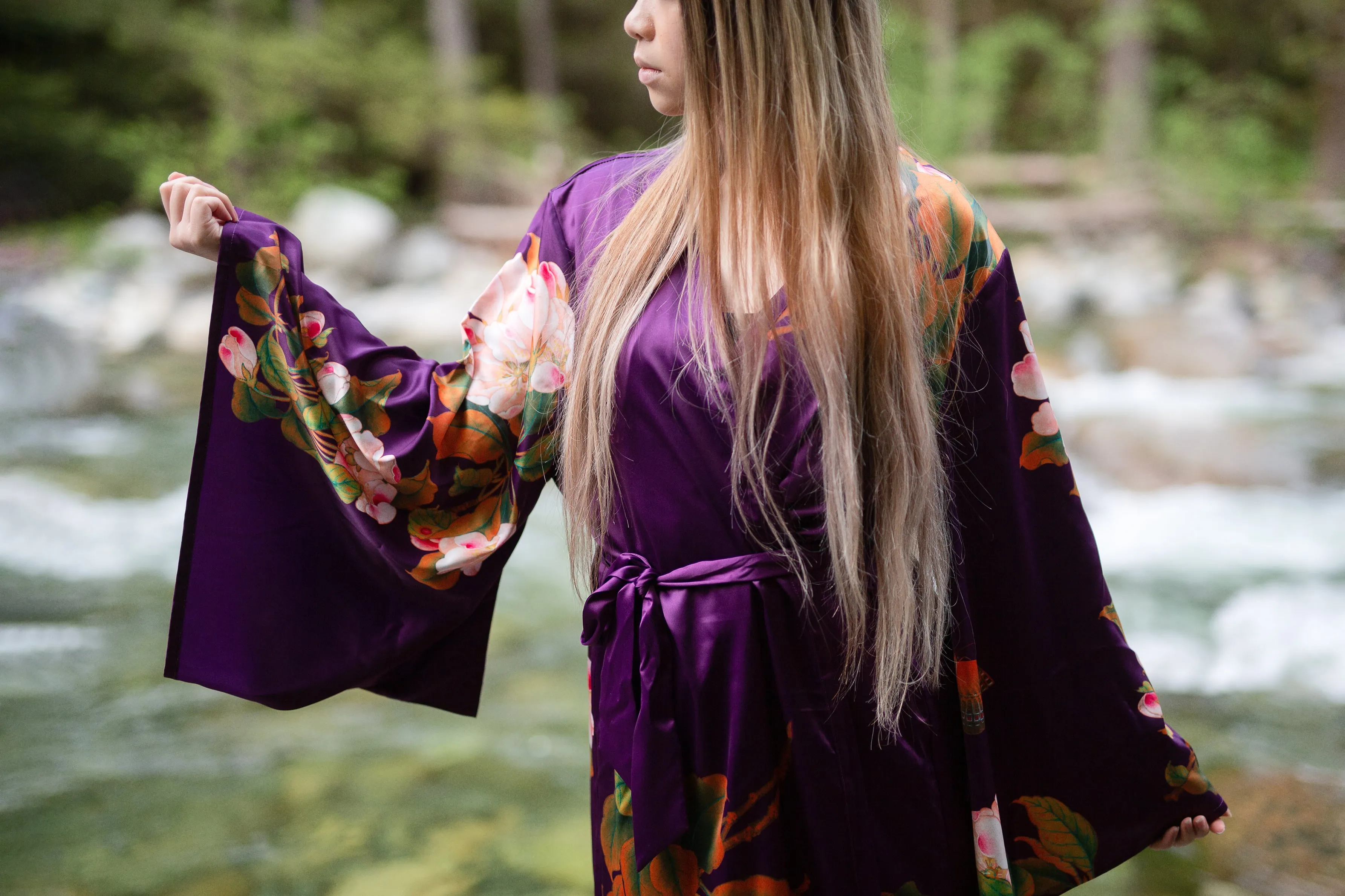 Jasmine Long Robe with Kimono Sleeves in Purple