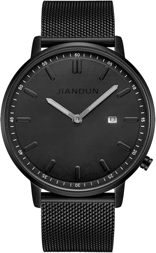 JIANDUN Mens Black Watches Ultra-Thin Minimalist Waterproof-Fashion Wrist Watch for Men Unisex Dress Stainless Steel Mesh Band (Gun Color-Mesh Band)