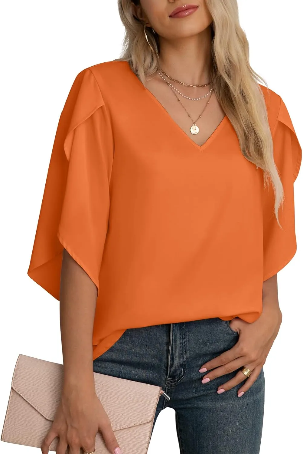 Jouica Women's Fall Casual 3/4 Ruffled Sleeve Chiffon Blouse Tops for Women