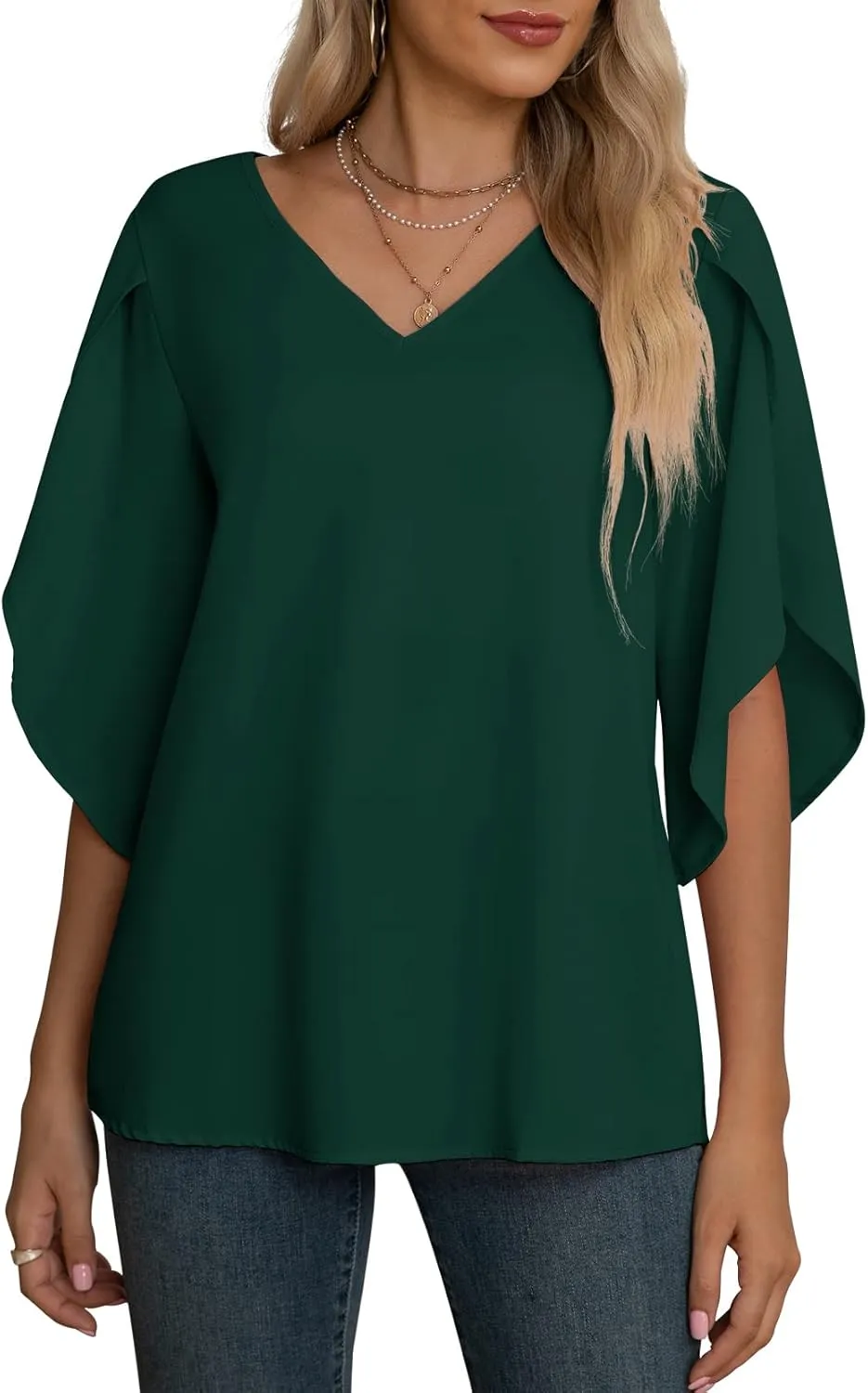 Jouica Women's Fall Casual 3/4 Ruffled Sleeve Chiffon Blouse Tops for Women
