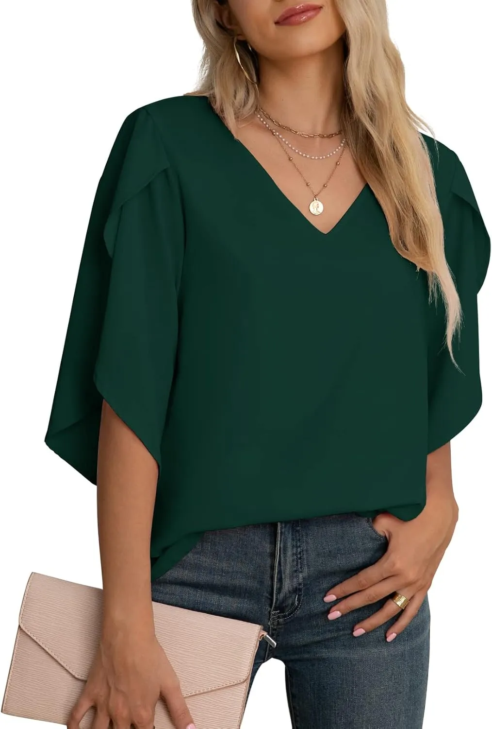 Jouica Women's Fall Casual 3/4 Ruffled Sleeve Chiffon Blouse Tops for Women