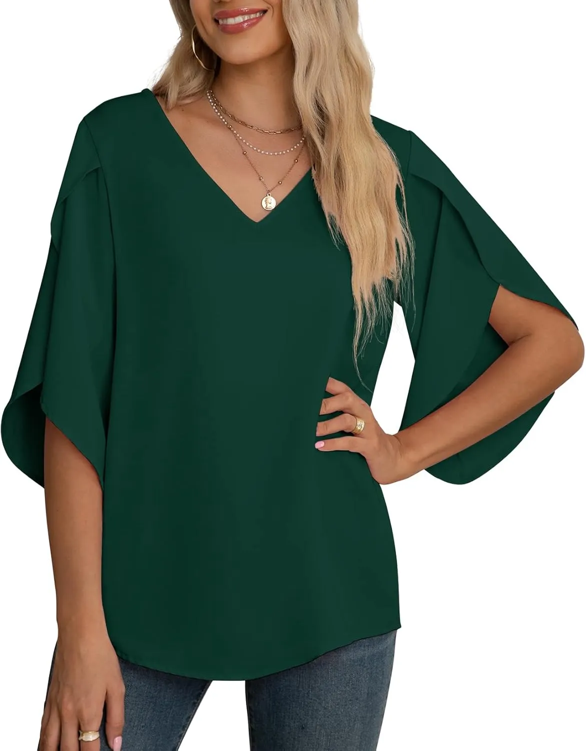 Jouica Women's Fall Casual 3/4 Ruffled Sleeve Chiffon Blouse Tops for Women