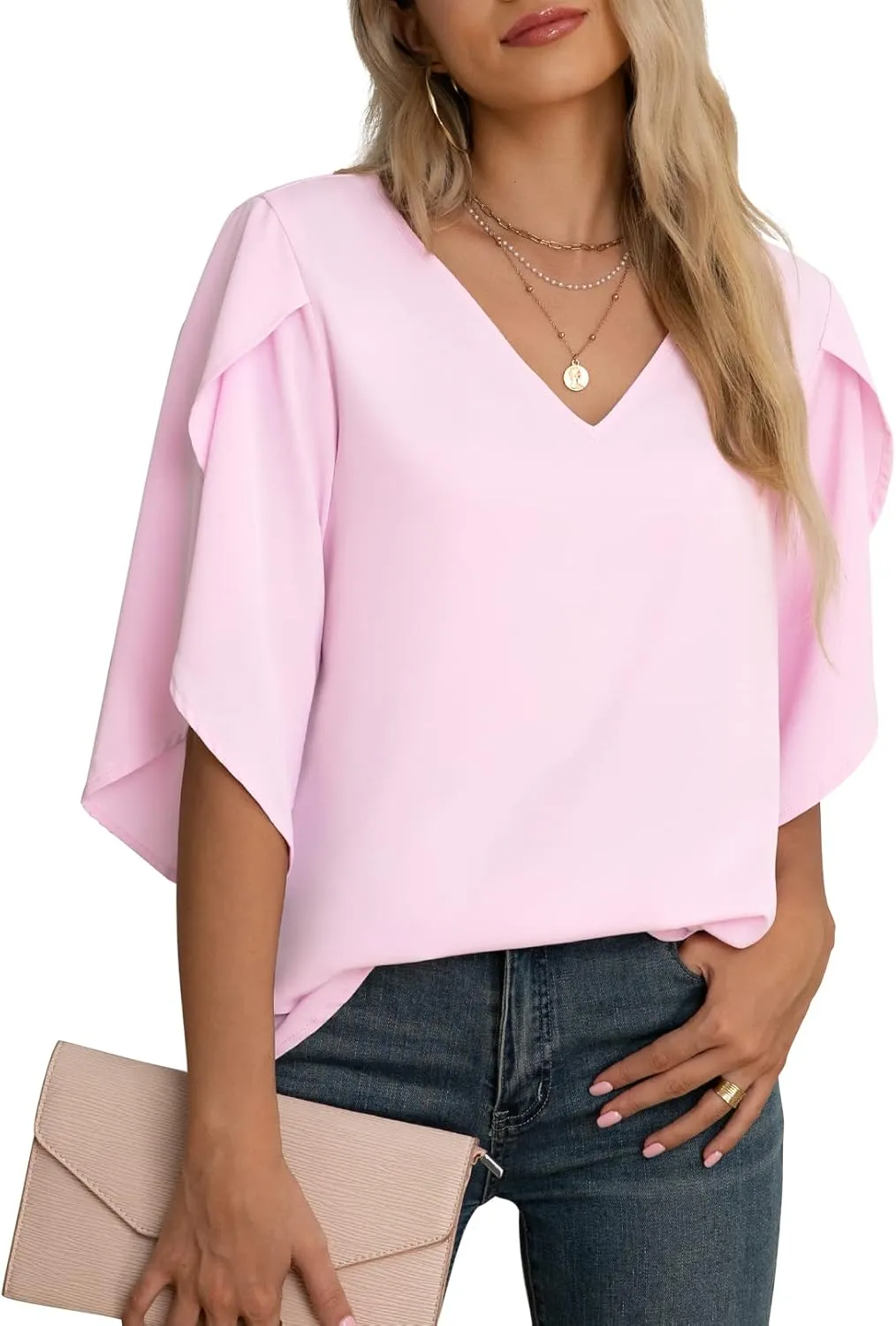Jouica Women's Fall Casual 3/4 Ruffled Sleeve Chiffon Blouse Tops for Women