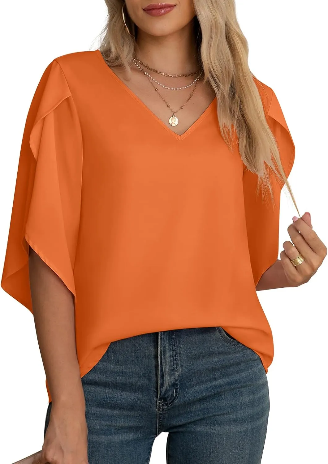 Jouica Women's Fall Casual 3/4 Ruffled Sleeve Chiffon Blouse Tops for Women