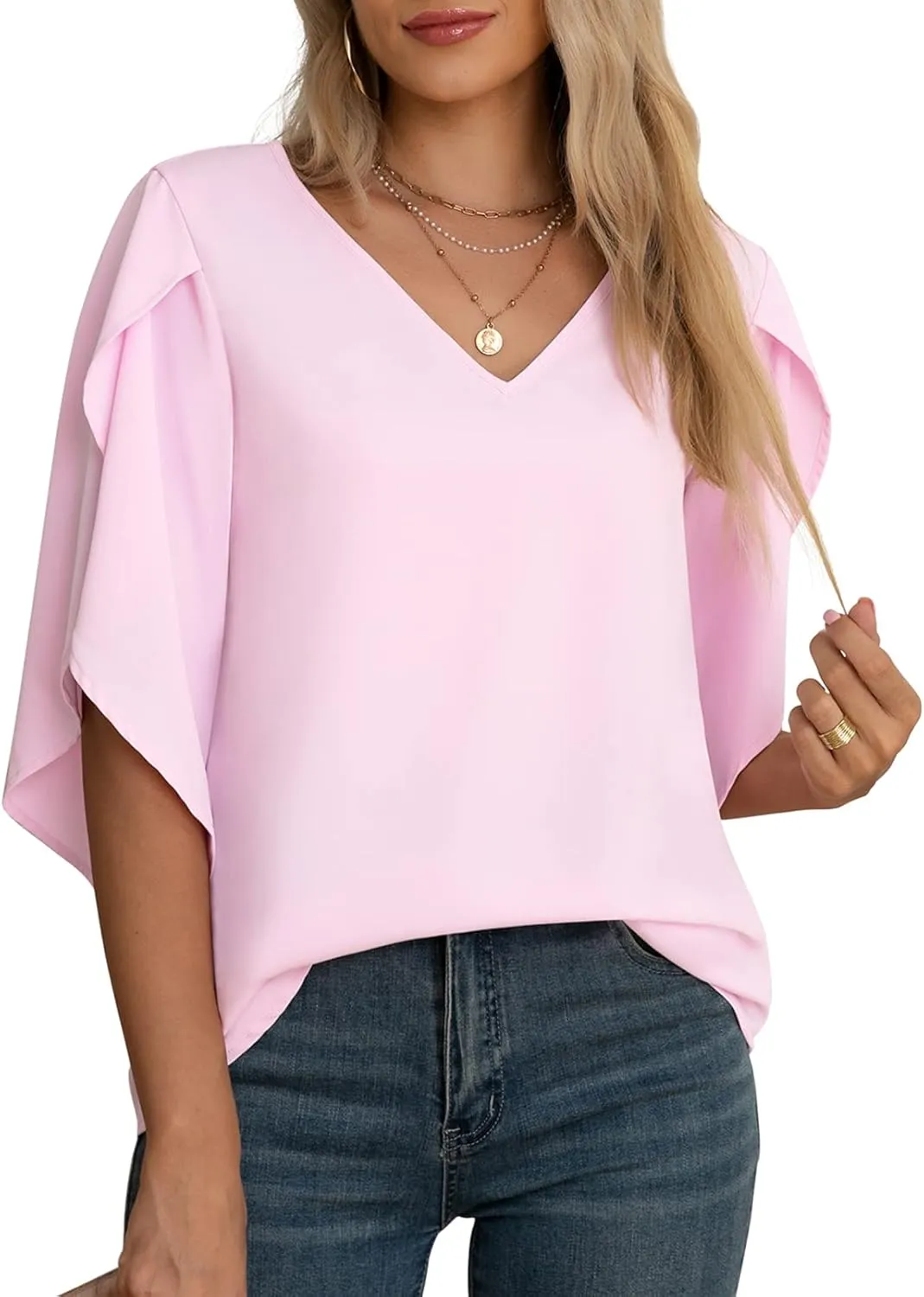 Jouica Women's Fall Casual 3/4 Ruffled Sleeve Chiffon Blouse Tops for Women