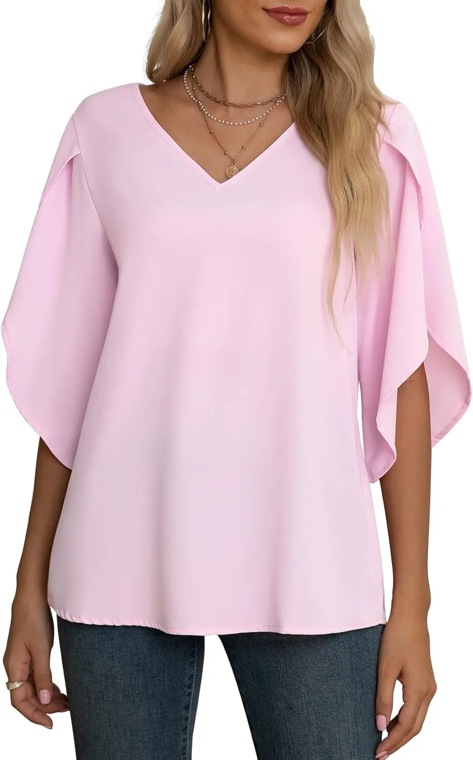 Jouica Women's Fall Casual 3/4 Ruffled Sleeve Chiffon Blouse Tops for Women