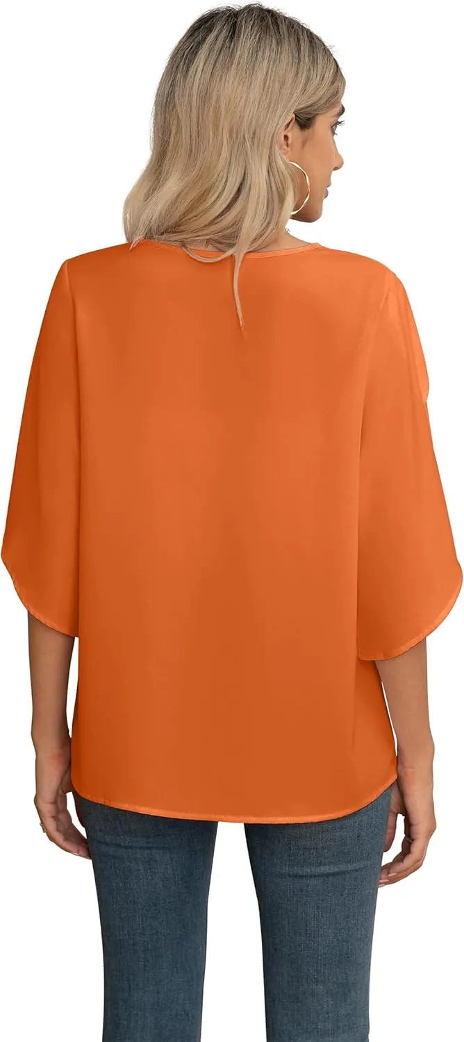 Jouica Women's Fall Casual 3/4 Ruffled Sleeve Chiffon Blouse Tops for Women