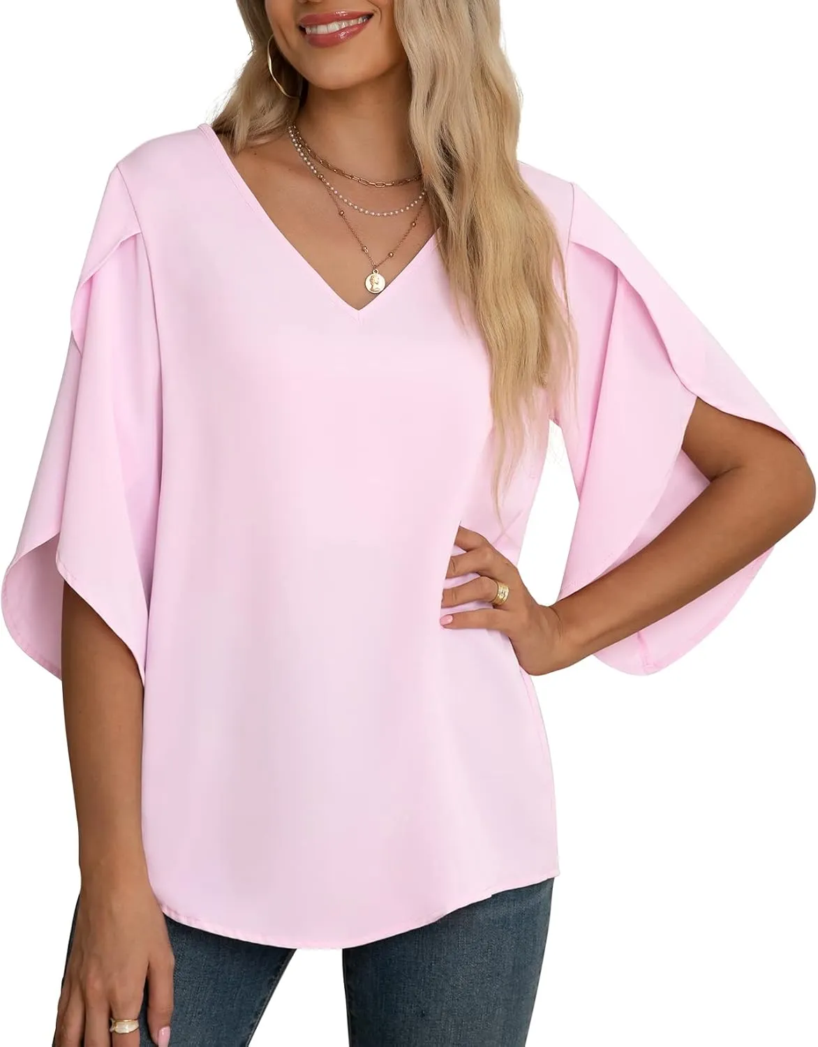 Jouica Women's Fall Casual 3/4 Ruffled Sleeve Chiffon Blouse Tops for Women