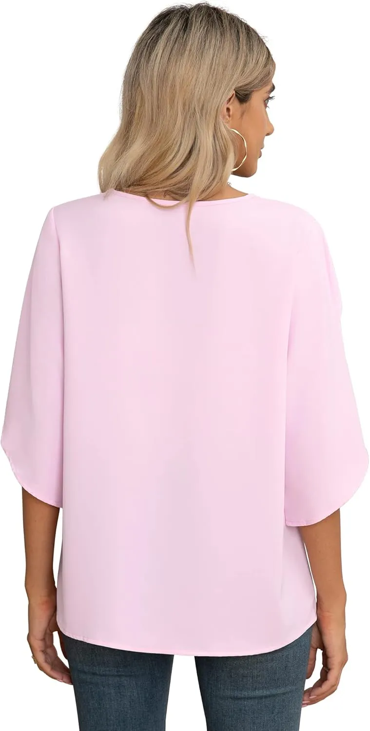Jouica Women's Fall Casual 3/4 Ruffled Sleeve Chiffon Blouse Tops for Women