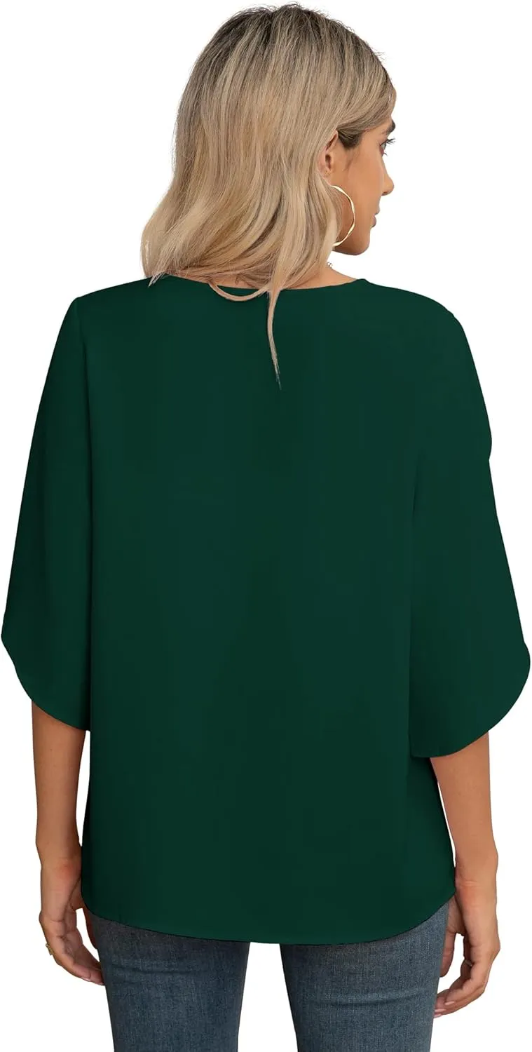 Jouica Women's Fall Casual 3/4 Ruffled Sleeve Chiffon Blouse Tops for Women