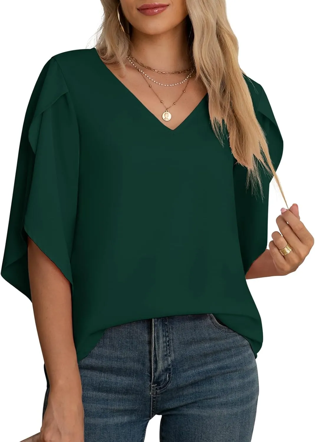 Jouica Women's Fall Casual 3/4 Ruffled Sleeve Chiffon Blouse Tops for Women