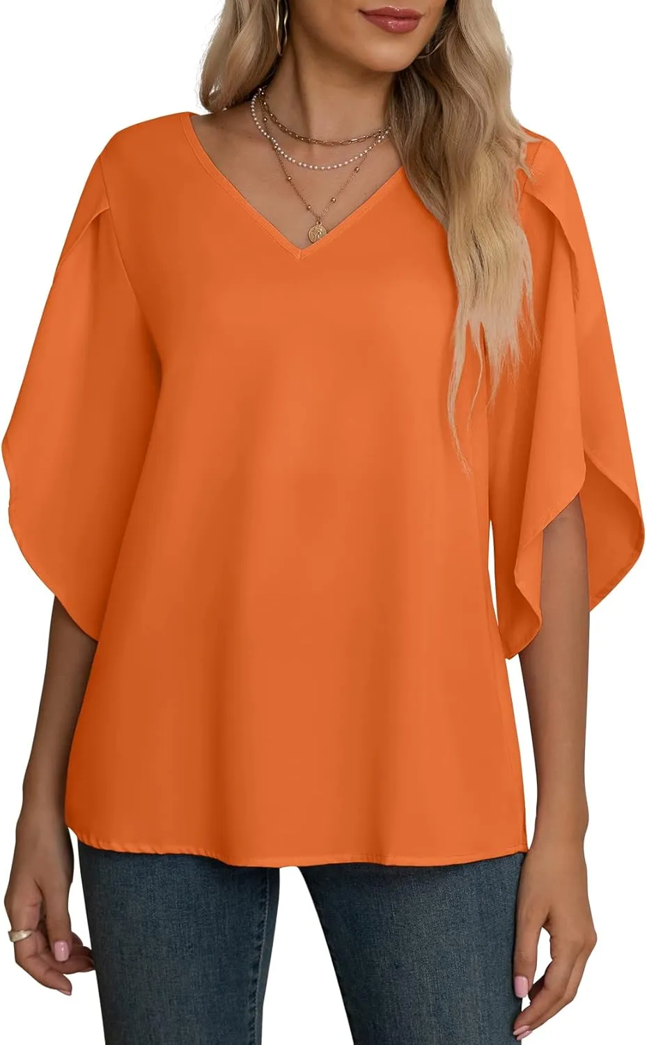 Jouica Women's Fall Casual 3/4 Ruffled Sleeve Chiffon Blouse Tops for Women