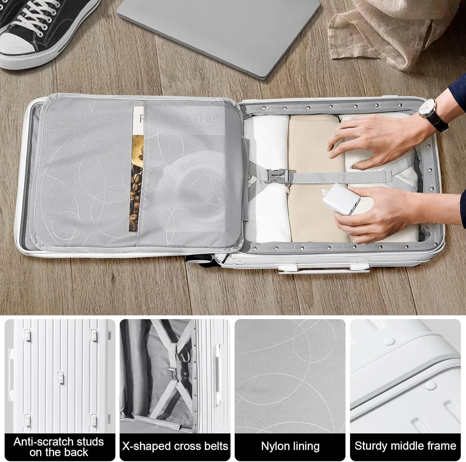 Joyway Hardshell Carry on Luggage Airline Approved with Front Pocket, Lightweight Hardside 20 Inch Suitcase with Spinner Wheels and TSA Lock (White, Carry on Luggage-20 Inch)