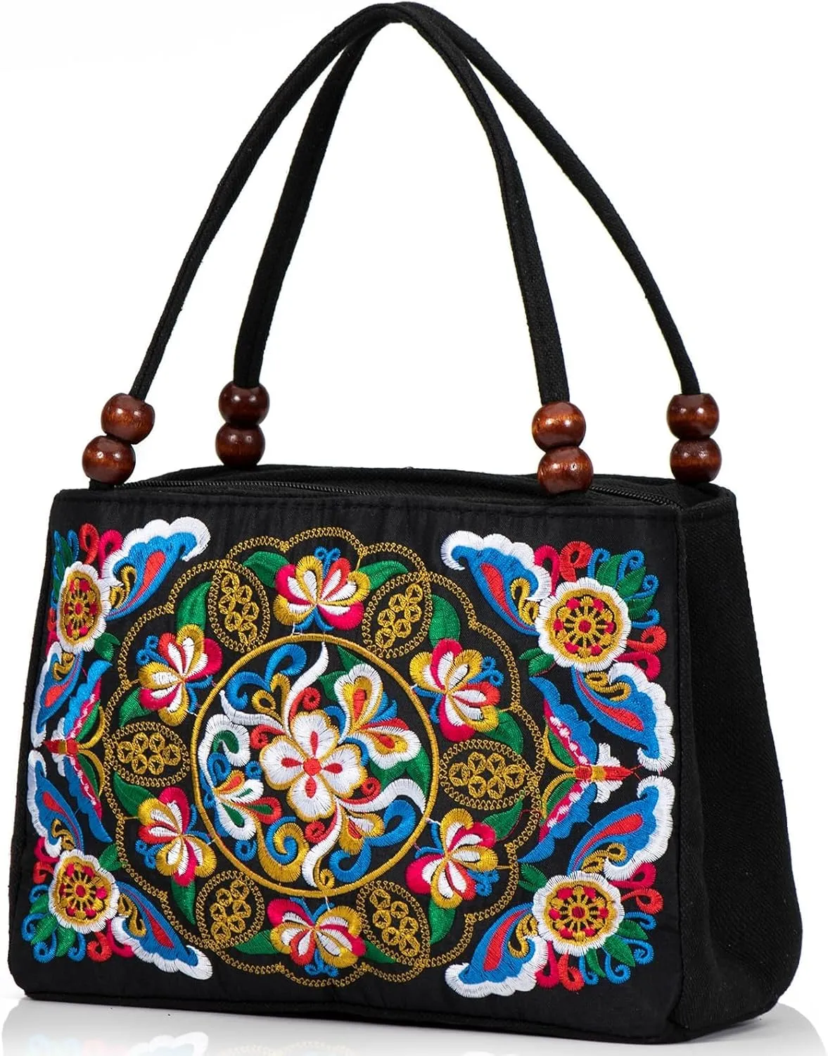 Jursccu Double-Sided Embroidery Totes Bag Travel Beach Bag Vintage Embroidery Ethnic Shoulder Bags
