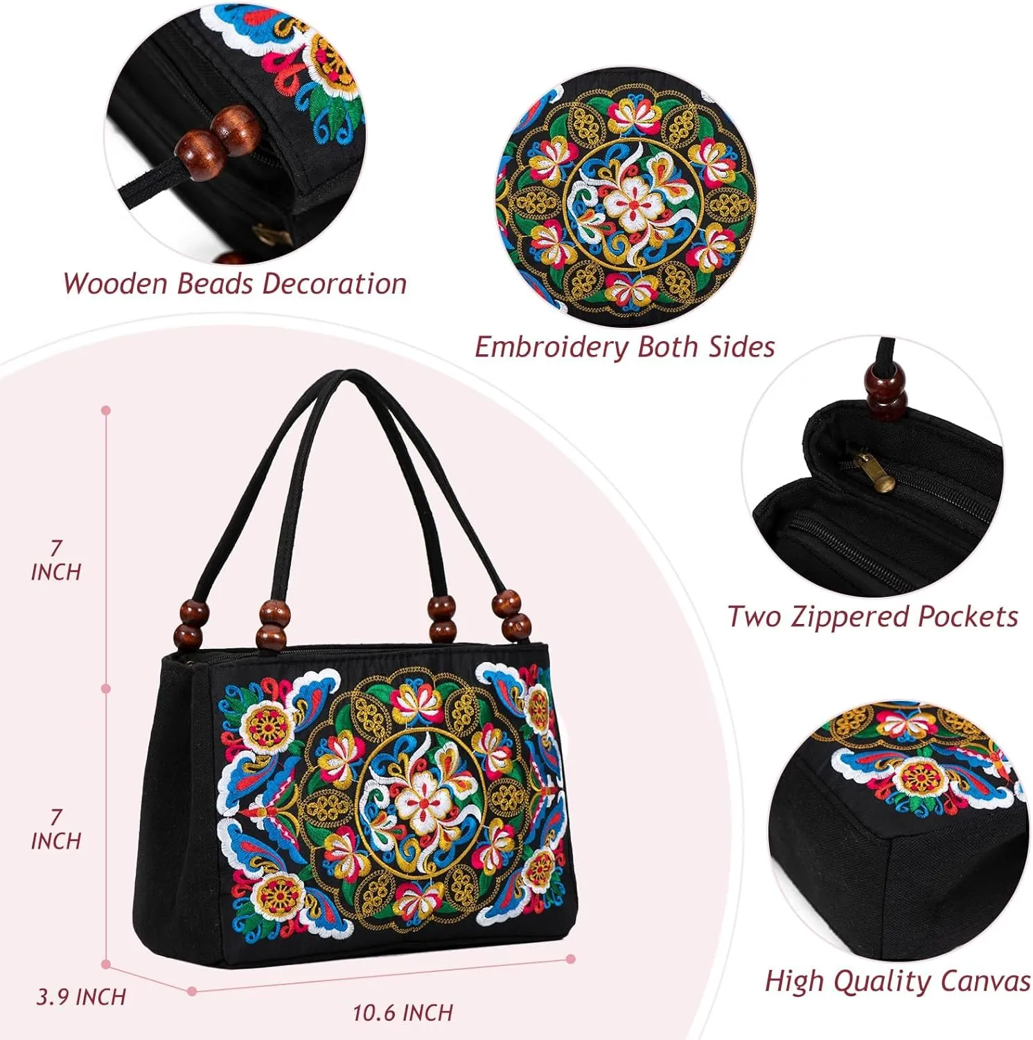 Jursccu Double-Sided Embroidery Totes Bag Travel Beach Bag Vintage Embroidery Ethnic Shoulder Bags