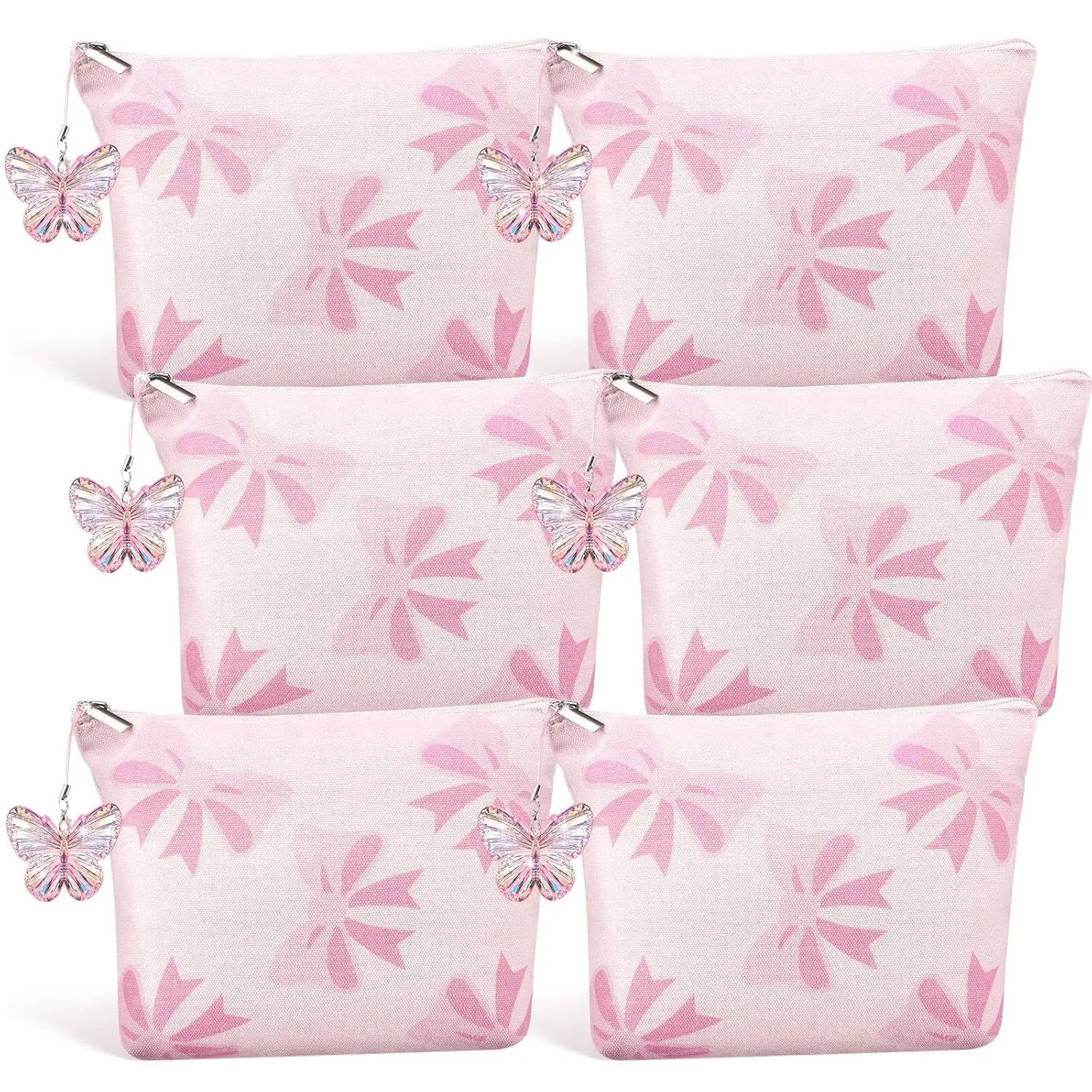 Kacctyen 6 Pack Pink Bow Makeup Bag Set Coquette Cosmetic Bags with Butterfly Ornaments, Preppy Party Favor for Bridesmaid Women Birthday Gift Travel Toiletry Makeup Organizer Zipper Pouch