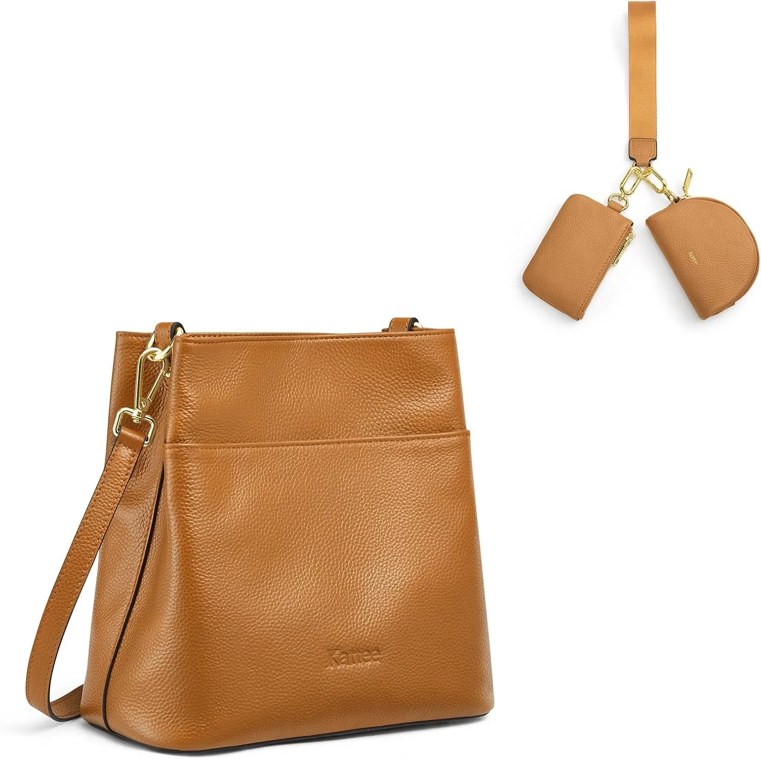 Kattee Leather Bucket Bag Bundle with Dual Pouch Wristlet Wallet