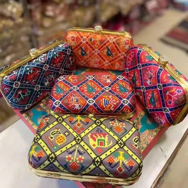 KUMKUM FASHIONS Handmade Patola Silk Printed Metal Evening Cultch For Women | Wedding Favour Gift Handbags | Clutch For women