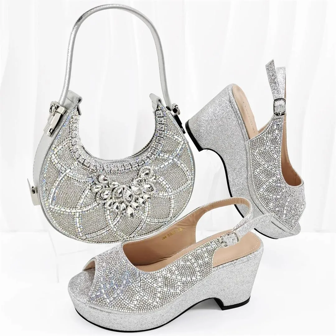 Ladies' High-End Imitation Diamond Pointed High-Heeled Shoes with Hollowed Out Design Evening Bag in Silver Color