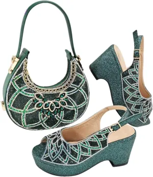 Ladies' High-End Imitation Diamond Pointed High-Heeled Shoes with Hollowed Out Design Evening Bag in Silver Color