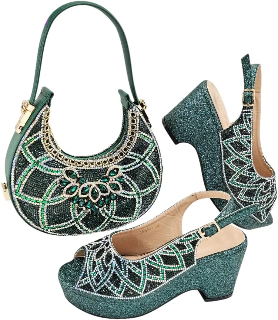 Ladies' High-End Imitation Diamond Pointed High-Heeled Shoes with Hollowed Out Design Evening Bag in Silver Color