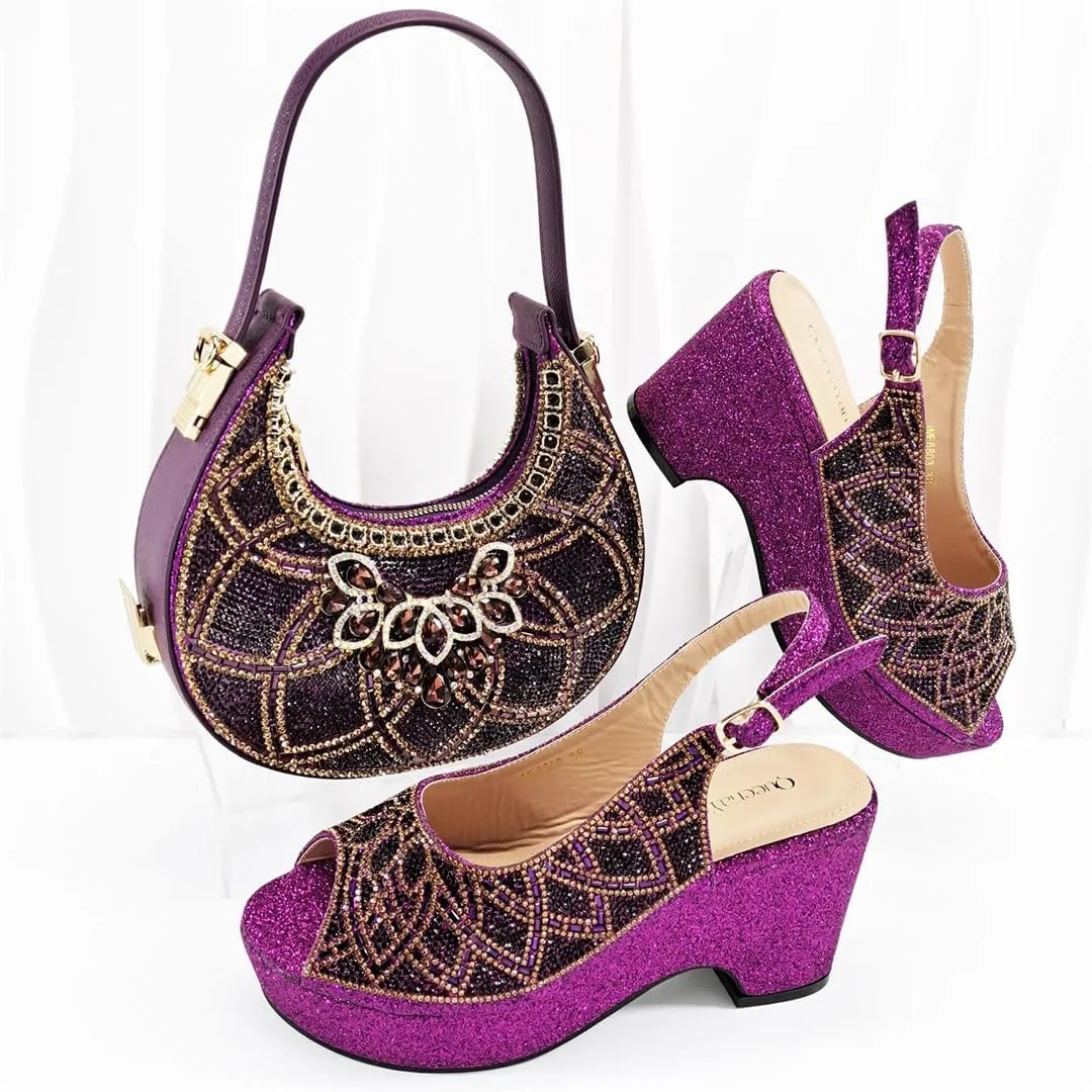 Ladies' High-End Imitation Diamond Pointed High-Heeled Shoes with Hollowed Out Design Evening Bag in Silver Color