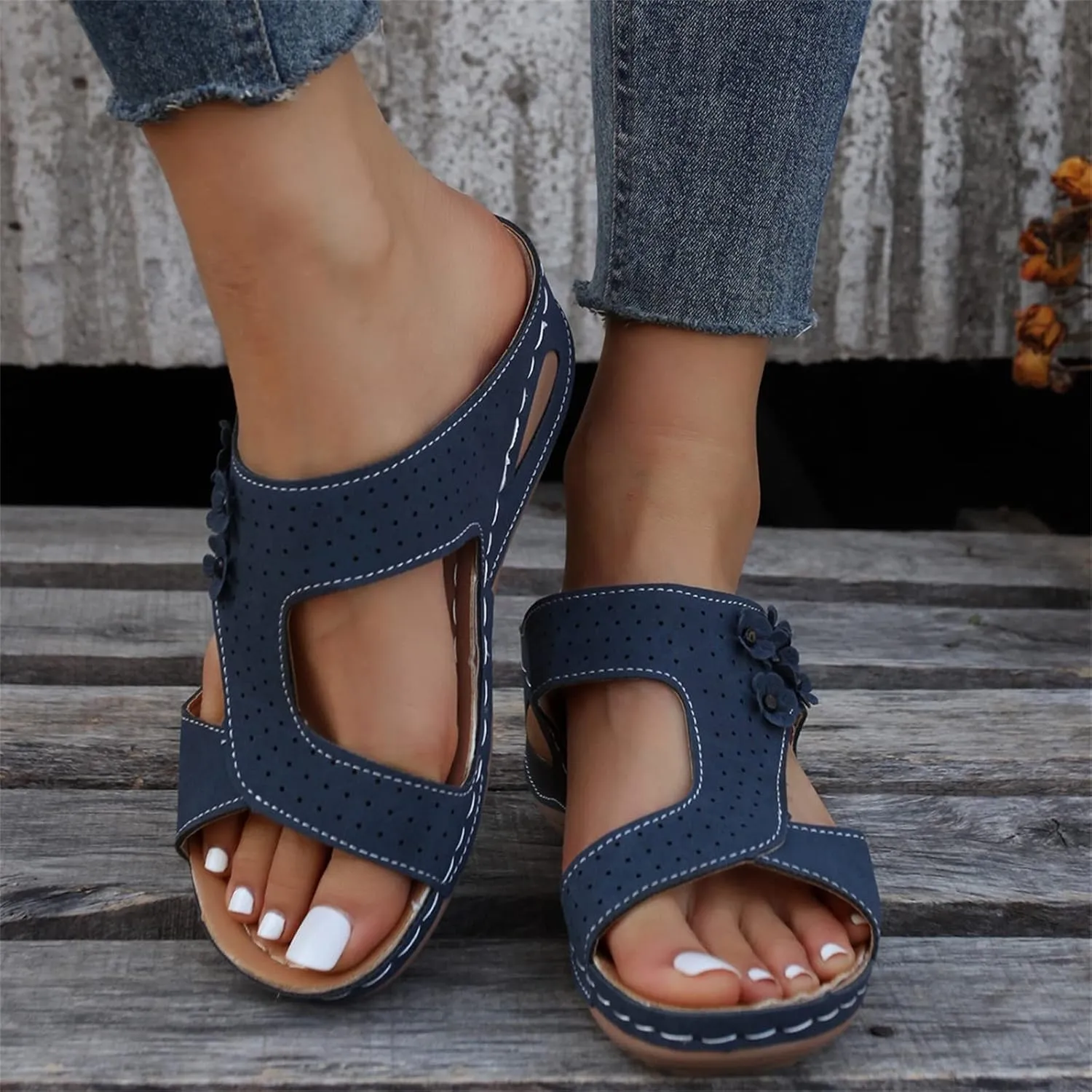Ladmiple Sandals Women Wedge Low Heel Comfort Orthotic Walking Slides Open Toe Arch Support Summer Orthopedic Flip Flops