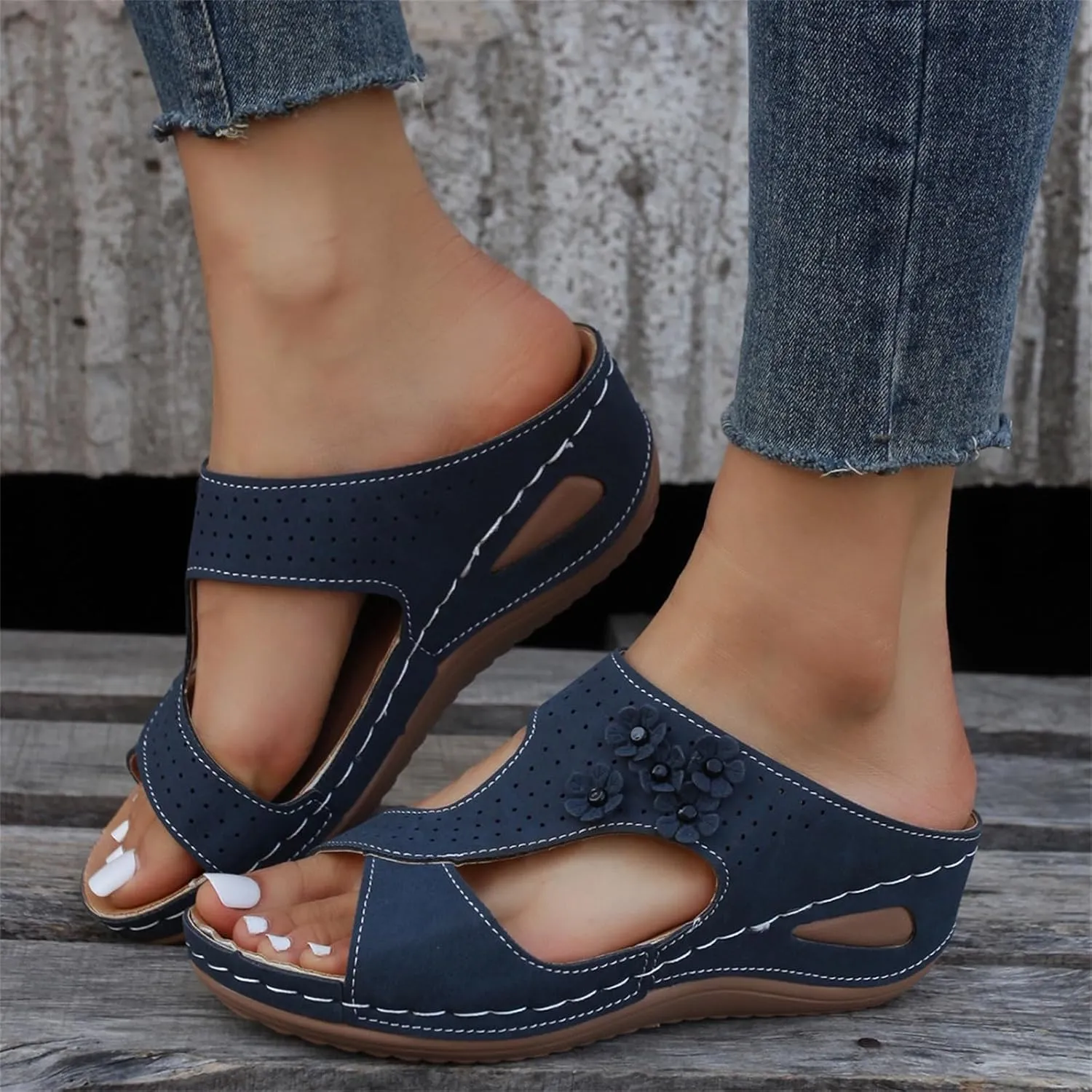 Ladmiple Sandals Women Wedge Low Heel Comfort Orthotic Walking Slides Open Toe Arch Support Summer Orthopedic Flip Flops