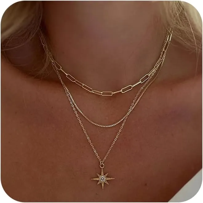 Layered Gold/Silver Necklaces for WomenStackable 14K Gold/Silver Plated Choker Chain Necklace Simple Layering Stack Pendant Necklaces for Women Trendy Gold Set Jewelry for Women