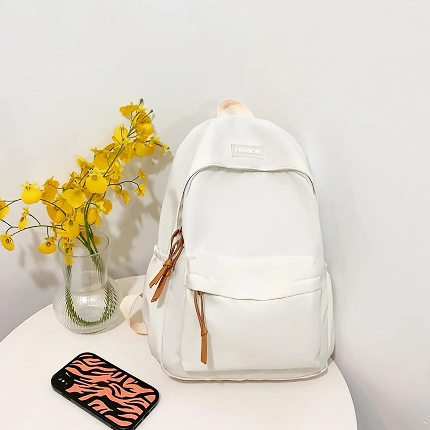 Leather Backpack Purse for Women Adjustable Shoulder Belt Zipper Backpacks Outdoor Travel Slim Laptop Backpack(White)