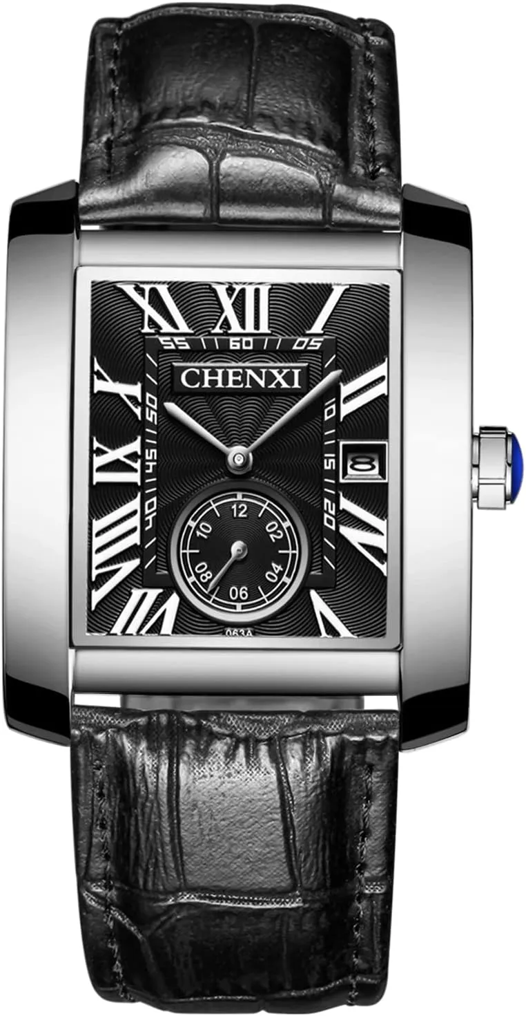 Leather Square Tank Watch: Men Black Rectangular Face Waterproof Vintage 1950s Analog Watches Classic Roman Numeral Calendar Wrist Watch