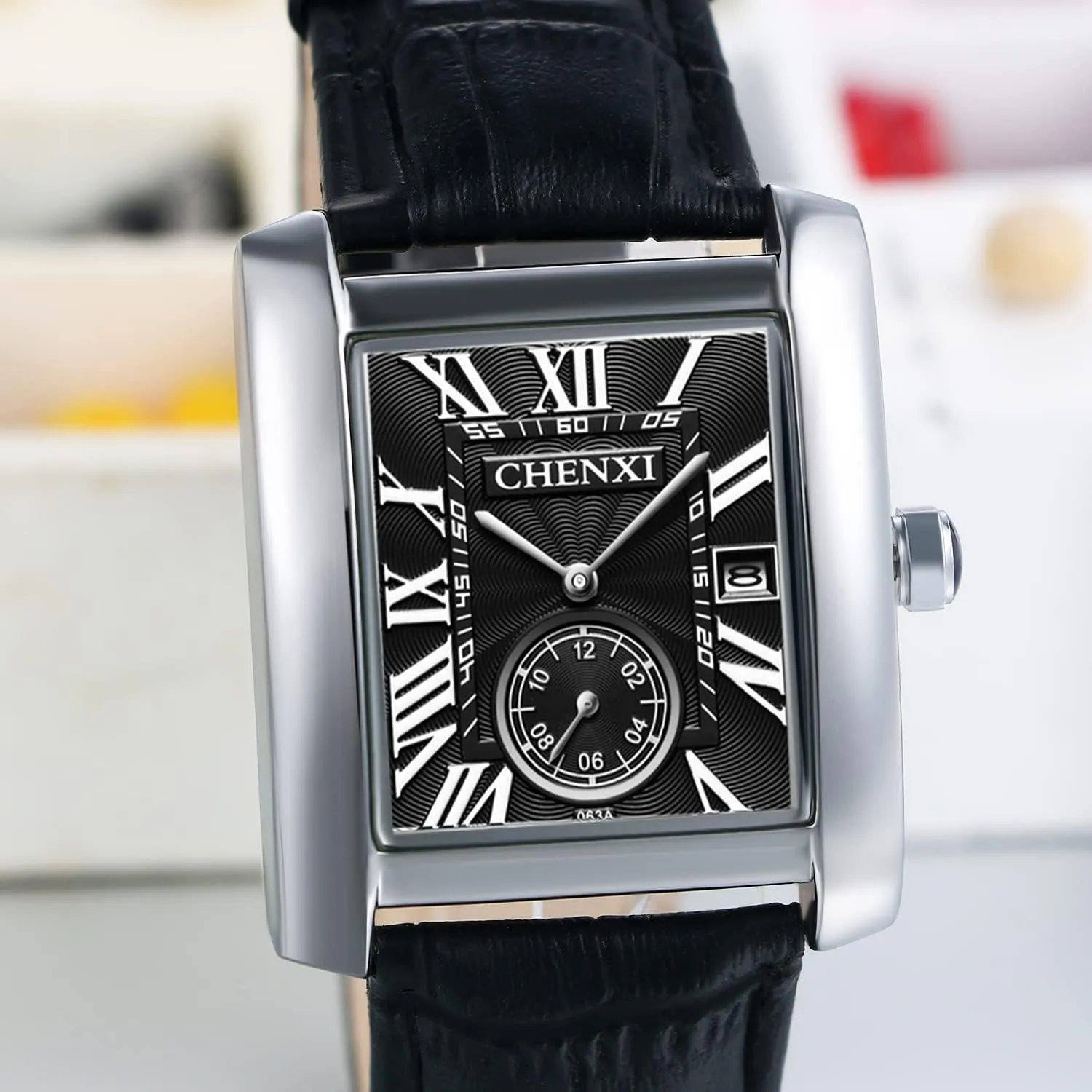Leather Square Tank Watch: Men Black Rectangular Face Waterproof Vintage 1950s Analog Watches Classic Roman Numeral Calendar Wrist Watch