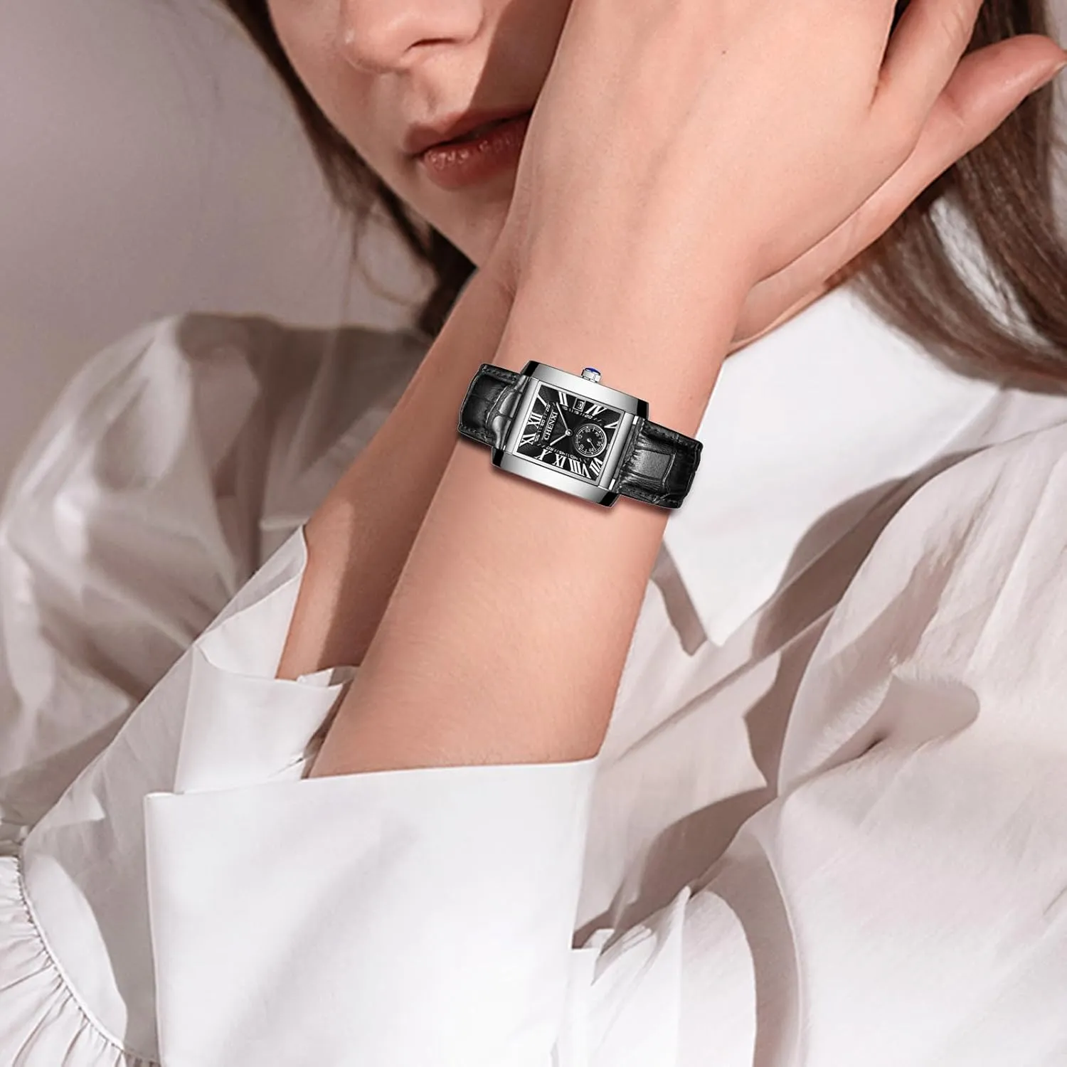Leather Square Tank Watch: Men Black Rectangular Face Waterproof Vintage 1950s Analog Watches Classic Roman Numeral Calendar Wrist Watch