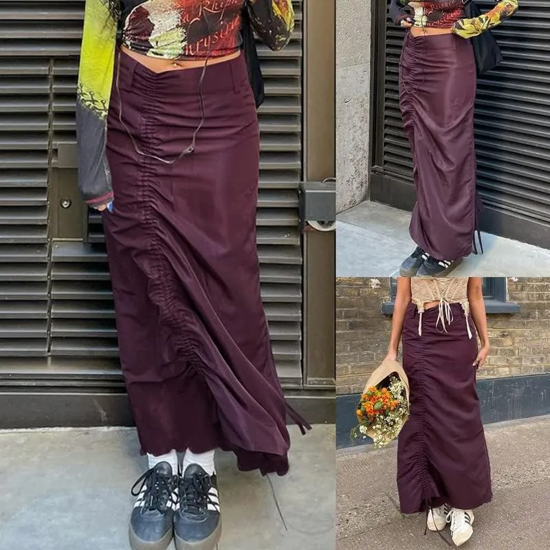 Long Cargo Skirts for Women with Pockets Low Rise Drawstring Shirred Baggy Skirt E Girls Vintage Harajuku Streetwear