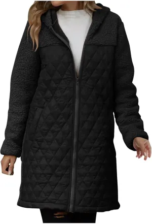 Long Fleece Jacket Women Zip Up Puffer Jacket Casual Sherpa Fuzzy Hoodie Oversized Fall Warm Winter Coat Outerwear
